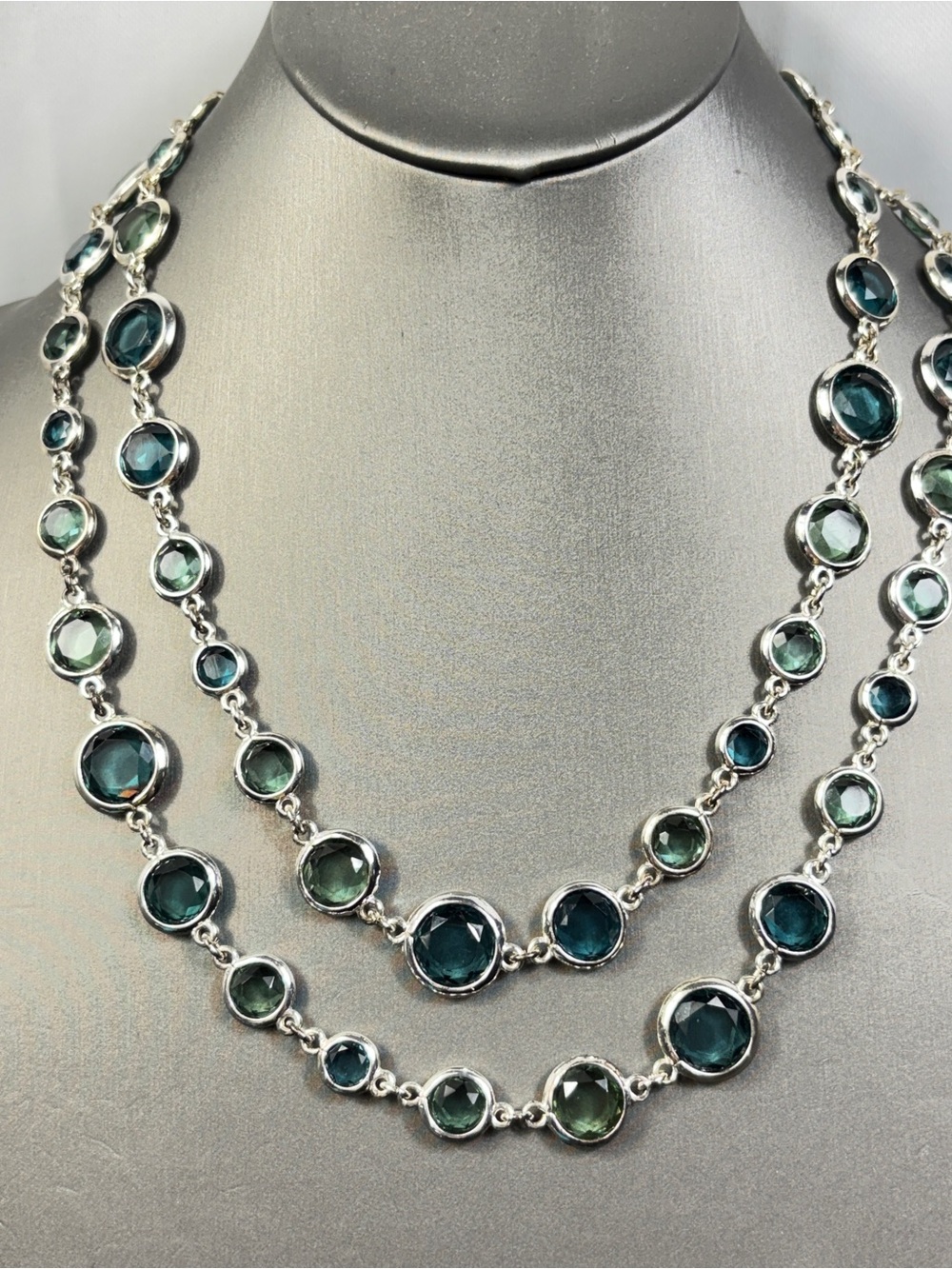 Anne Klein Blue & Green Bezel Set Station Crystals Silvertone 42" Long Layering